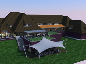 Design overkapping in 3D studie als terrasoverkapping en zonnezeil systeem - Texstyleroofs